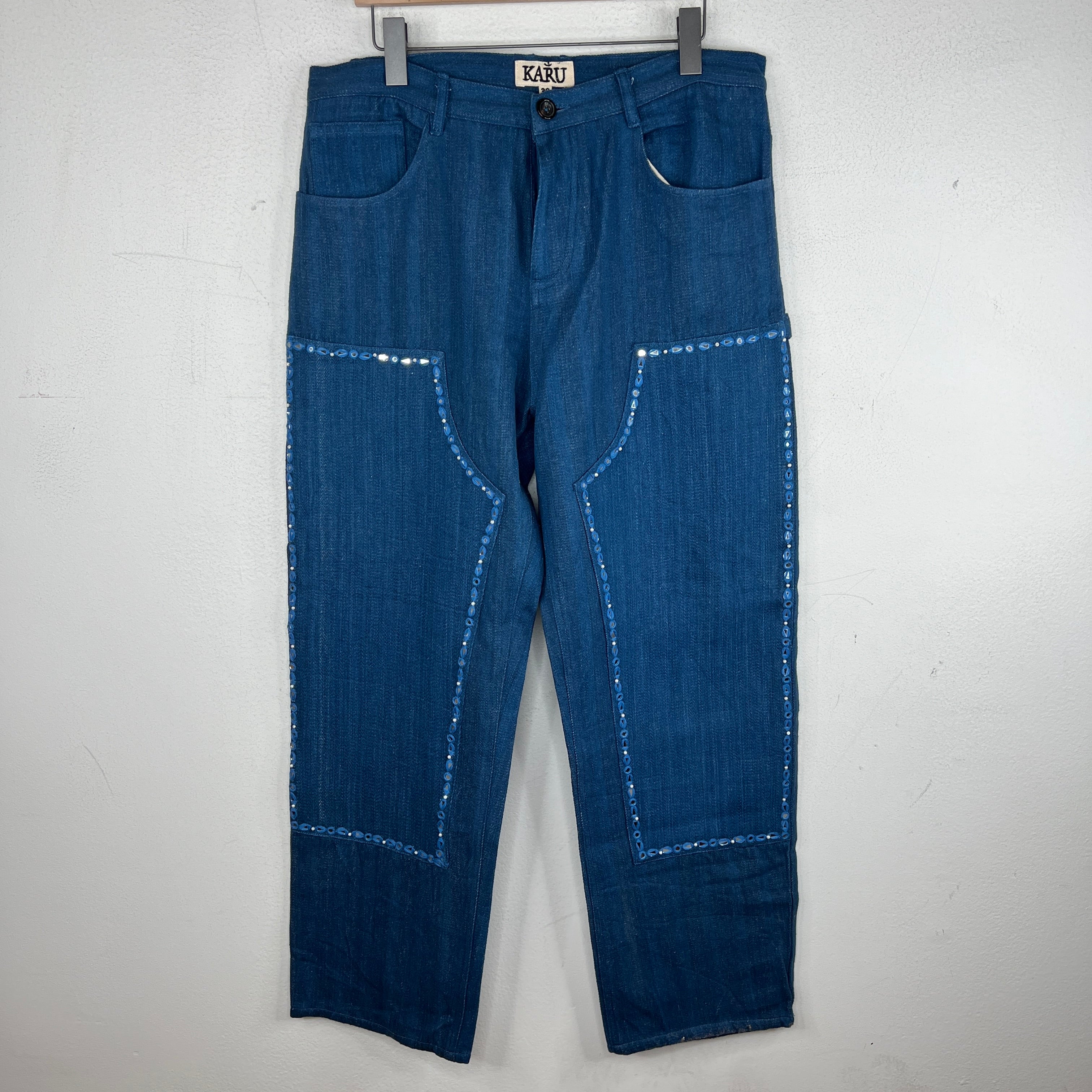9/5終◆高級【divka】ガスボイル  Double Cross Pants Karu Blue Double Knee Embellished Pants – www.Lukes.store