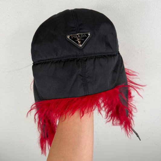 Prada Nylon Red Fur Trooper Hat