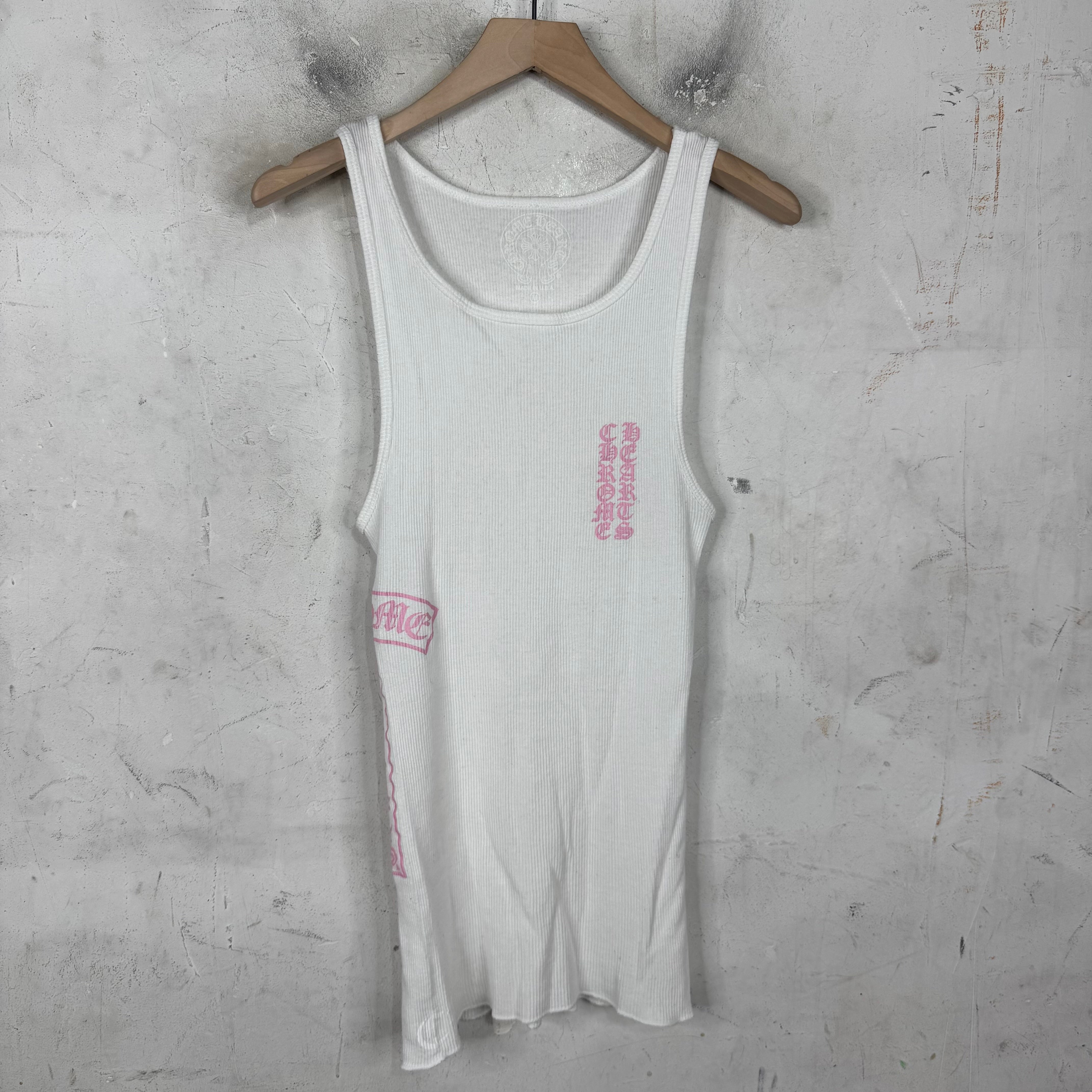 CHROME HEARTS ピンク Tバー スクリプト ロゴ タンクトップ Chrome Hearts T-Bar Vertical Logo Pink Print Tank Top – www.Lukes