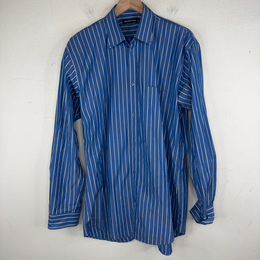 Balenciaga Blue Back Logo Striped Button Up Shirt