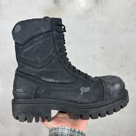 Balenciaga Black Distressed Canvas Strike Boots