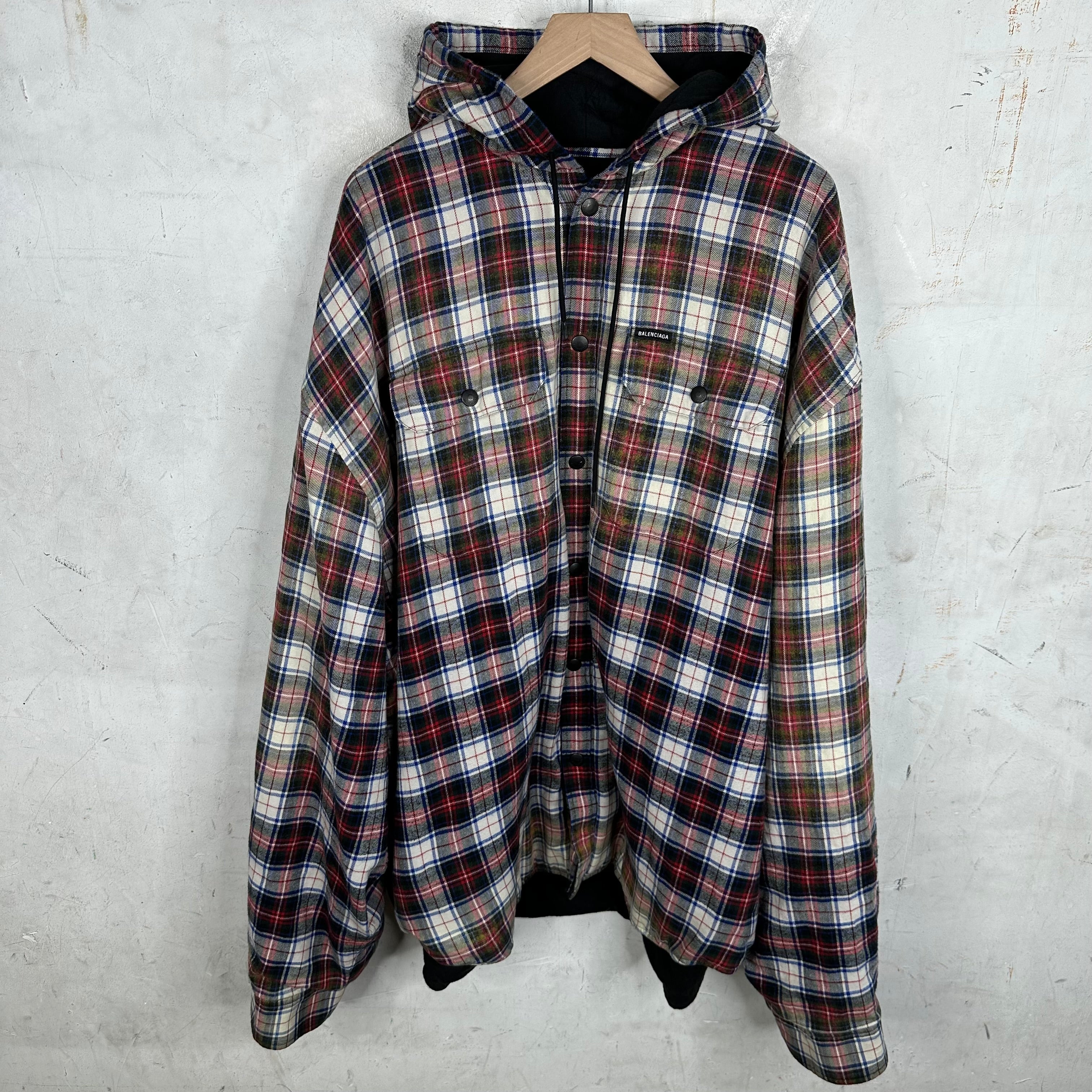 Buy Balenciaga men red hooded flannel check shirt for $975