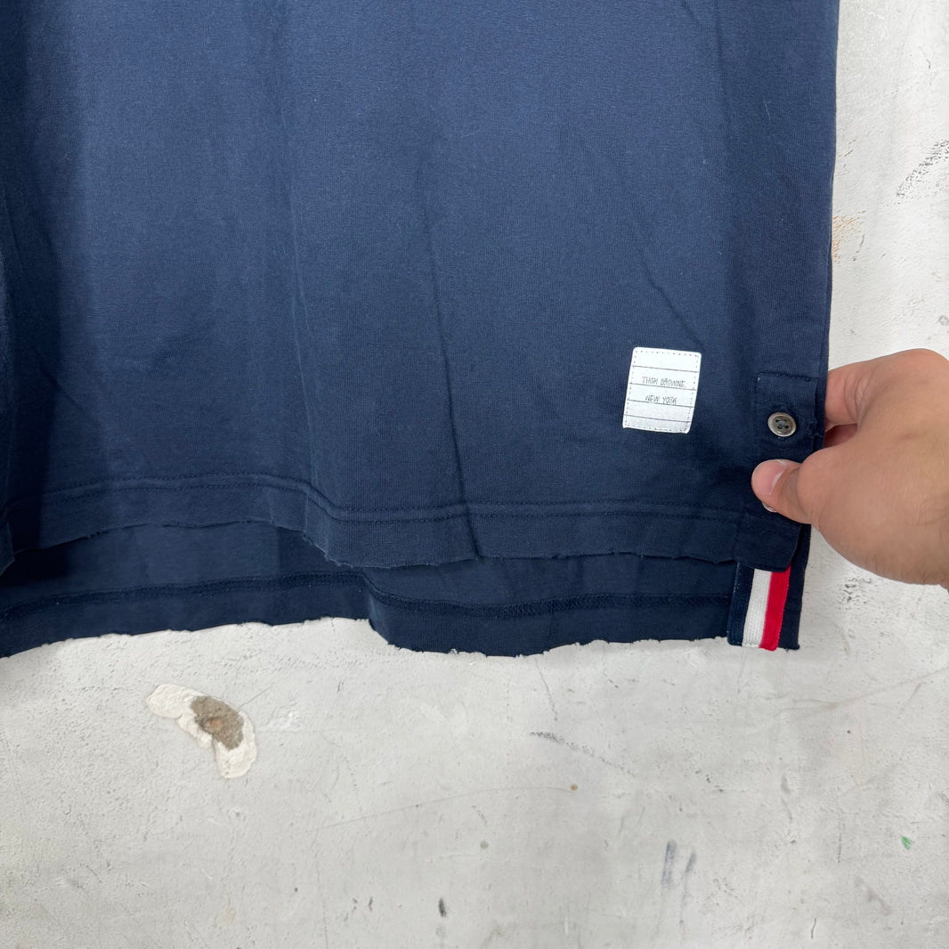 Thom Browne Navy Distressed Collar Striped Polo