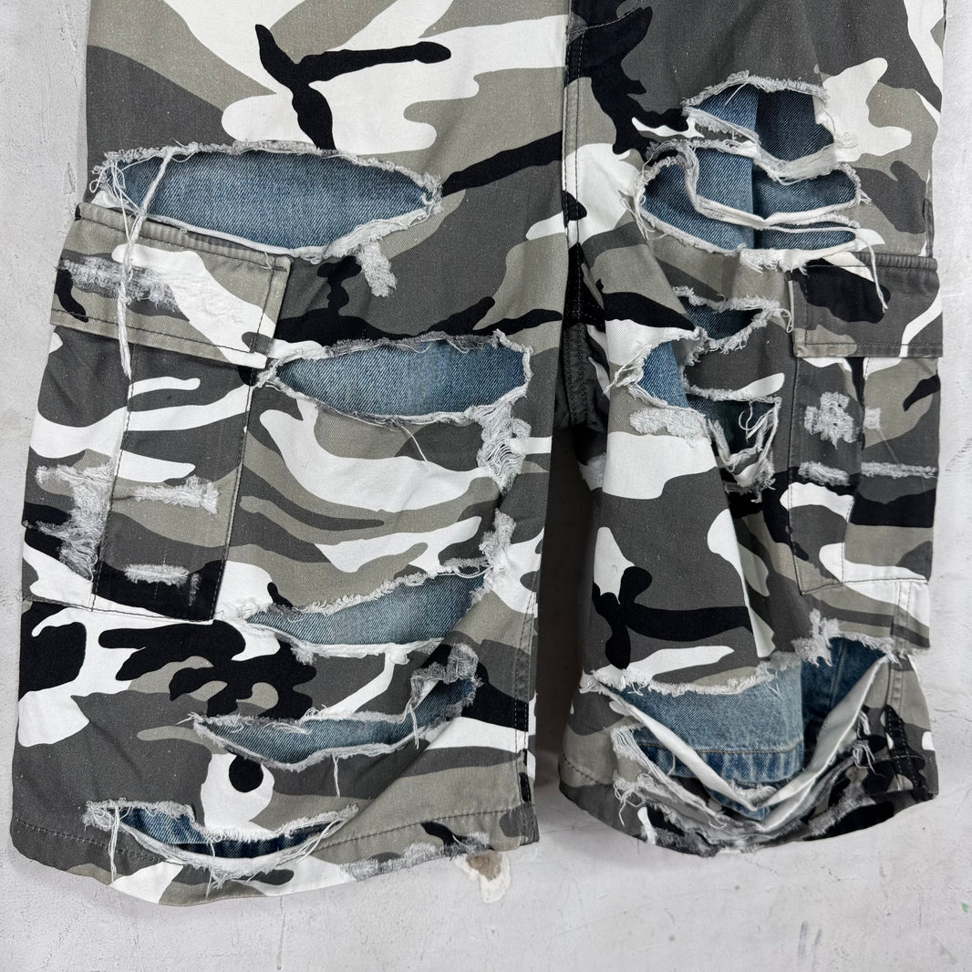 Balenciaga Trompe Layered Snow Camo Distressed Shorts