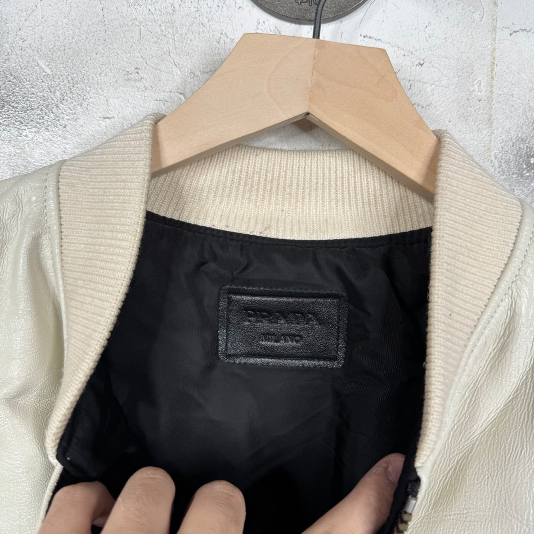 Prada Triple White Leather Raf Bomber Jacket