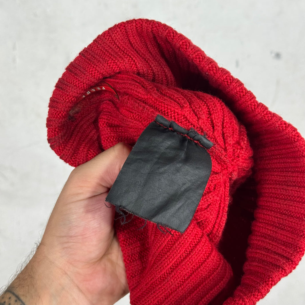 Prada Red Bar Ribbed Beanie
