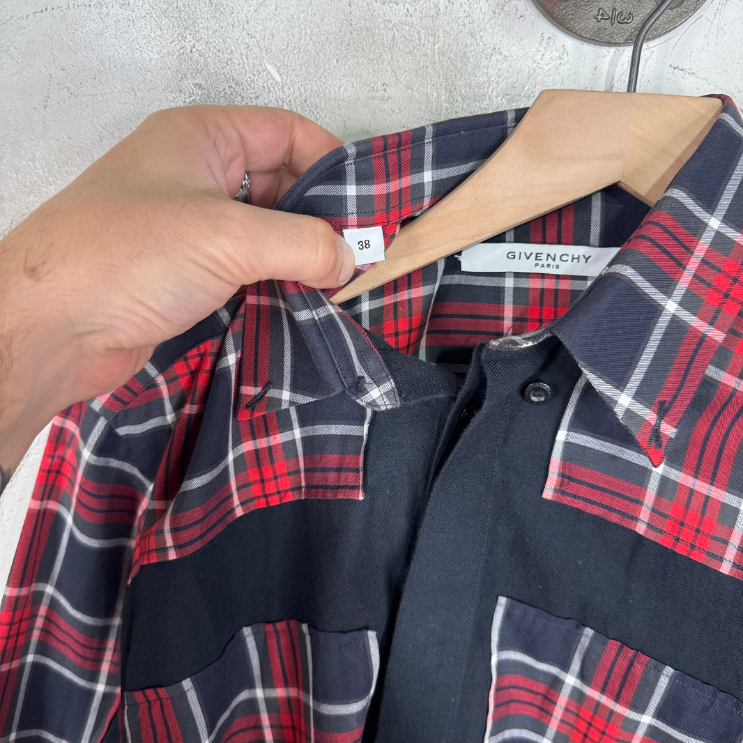 Givenchy Red/Navy Plaid Shirt Black Cross Front