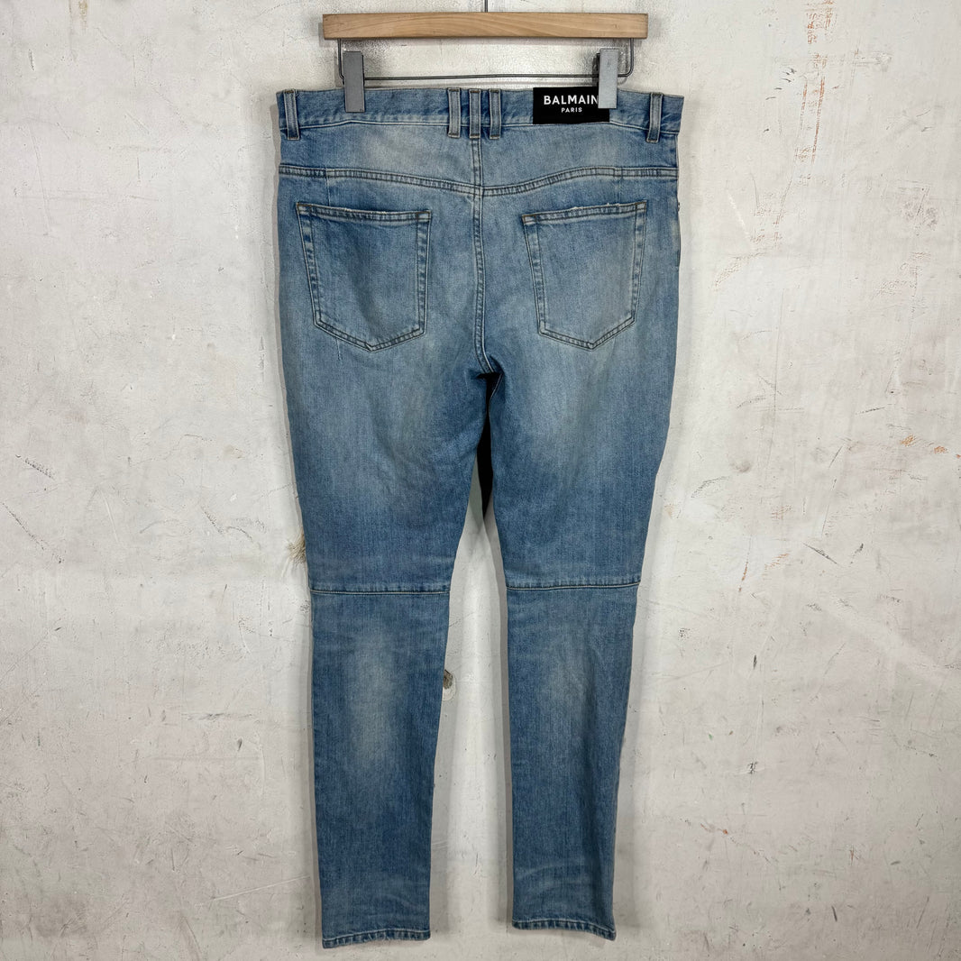 Balmain Lightwash Leather Patched Biker Jeans