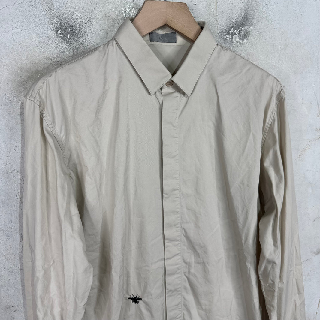 Dior Bee Embroidered Beige Hidden Button Shirt