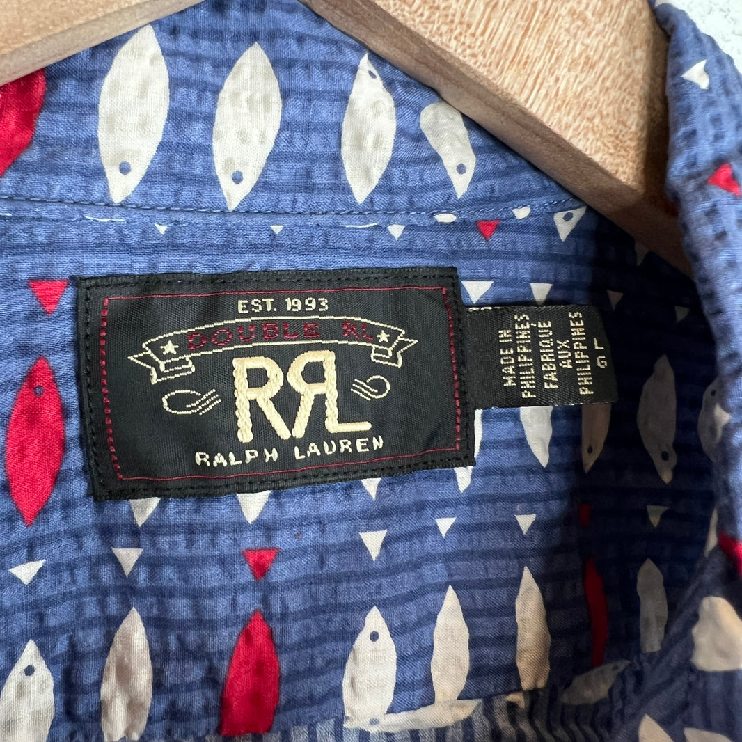 RRL Fish Patterned Ribbed Short Sleeve Button Up Shirt