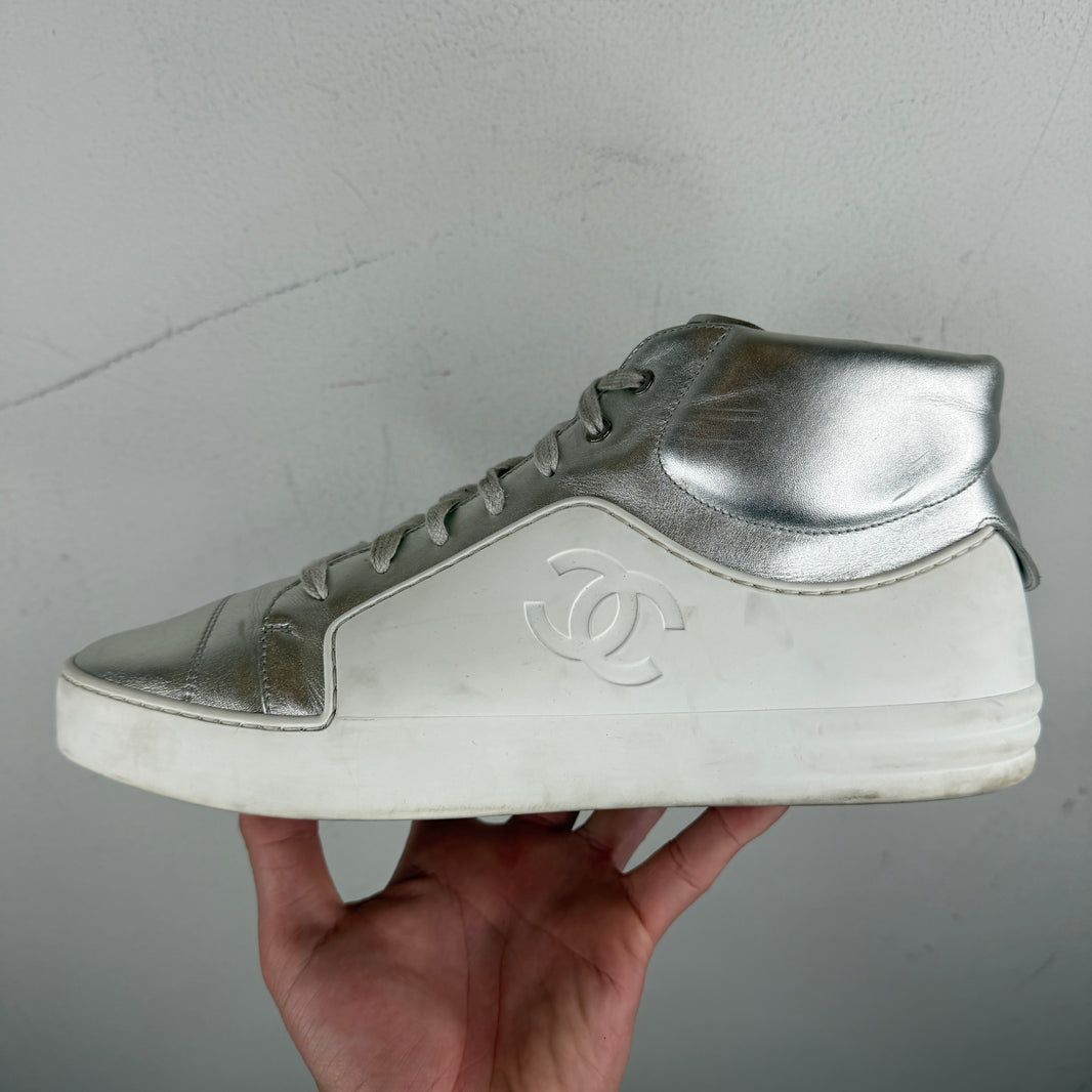 Chanel White/SIlver CC Logo Rubber High Sneakers