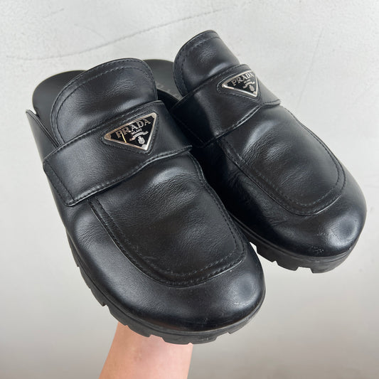 Prada Black Leather Triangle Mules
