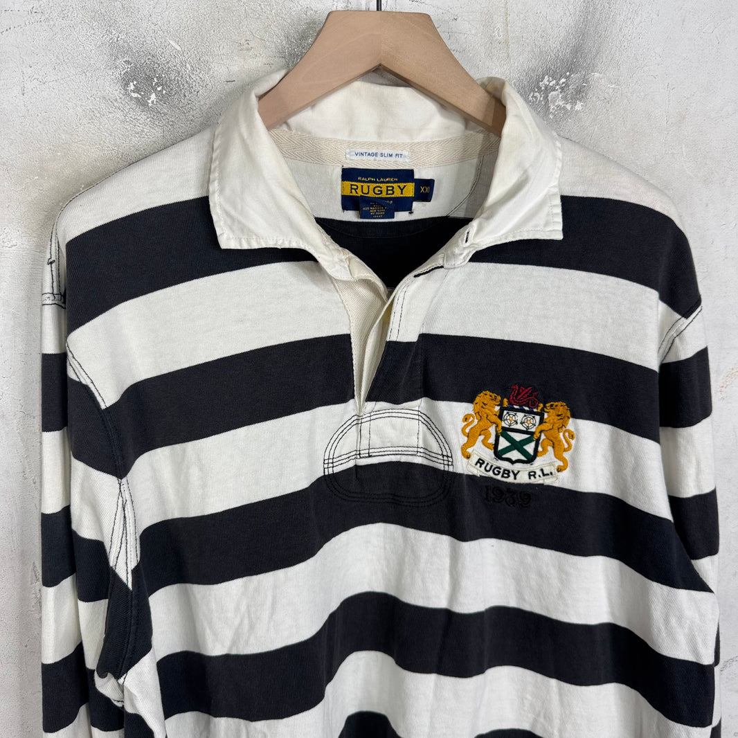 Ralph Lauren Rugby Black Striped Lion Crest L/S Polo