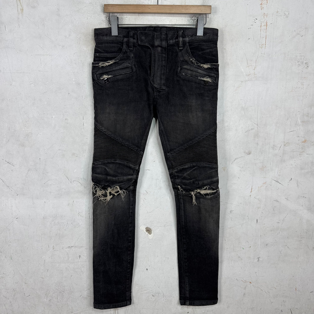 Balmain Charcoal Distressed Biker Jeans