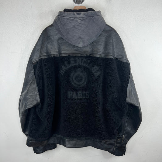 Balenciaga Leather/Sherpa Hooded Zip Up Jacket