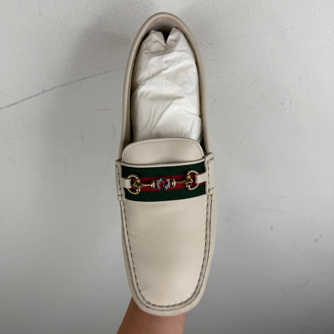 Gucci Cream Web Strap Horsebit Driving Loafer