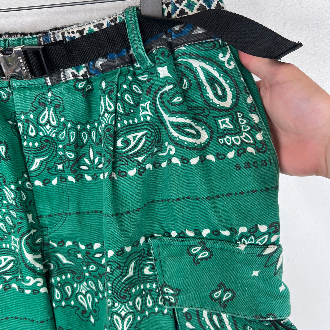 Sacai Green Paisley Belted Cargo Shorts