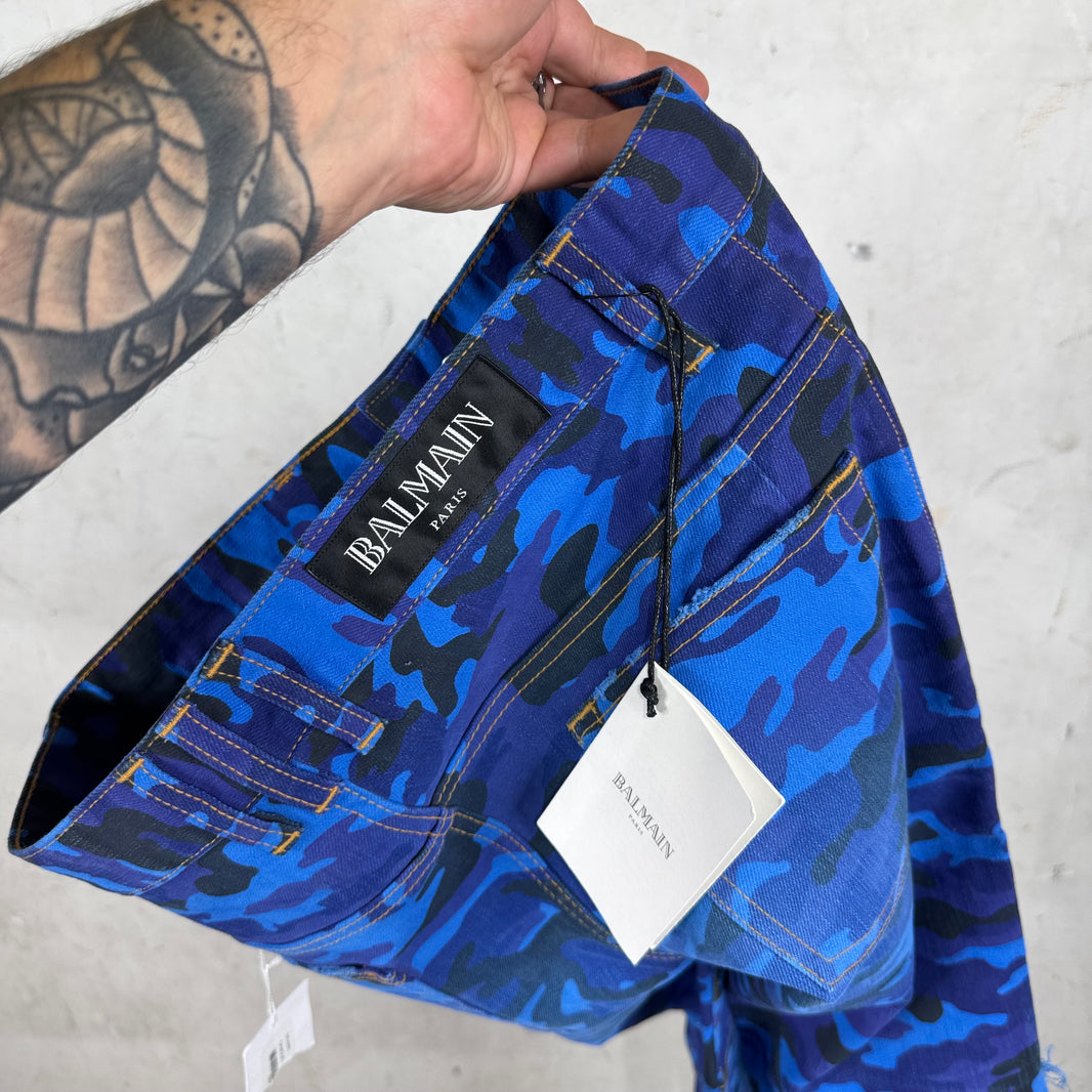Balmain Blue Camo Biker Jeans New