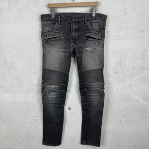 Balmain Charcoal Repaired Biker Jeans