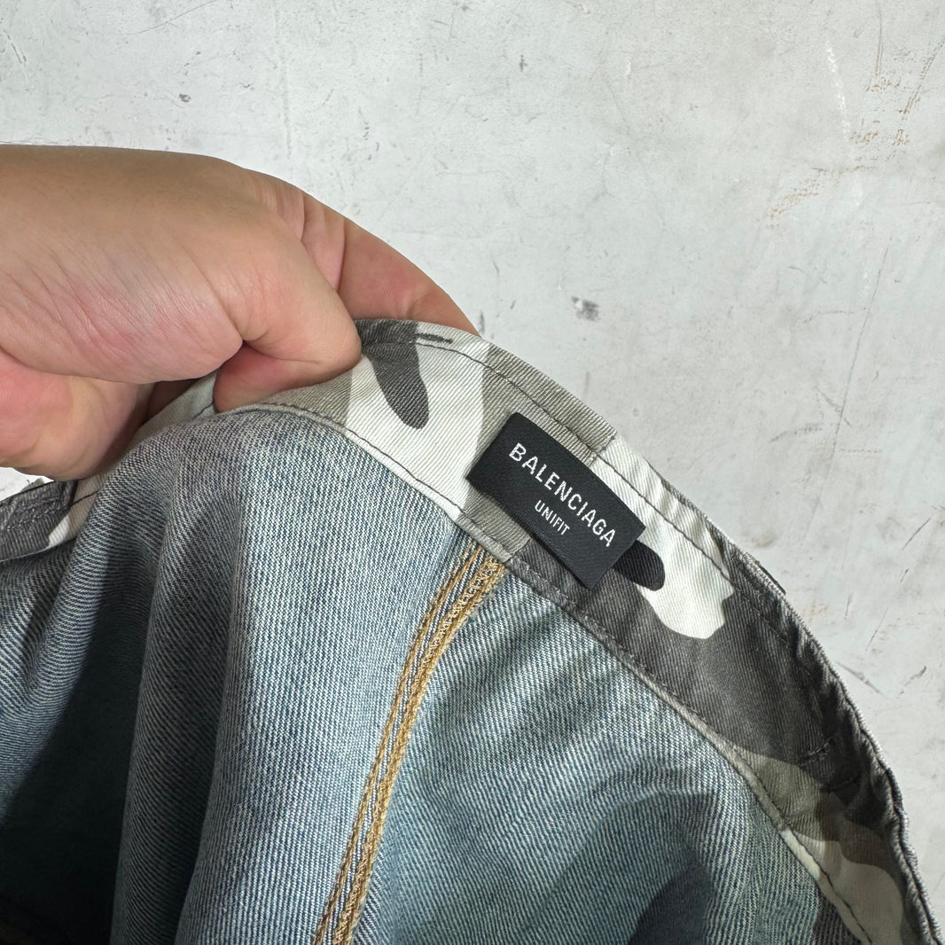 Balenciaga Trompe Layered Snow Camo Distressed Shorts
