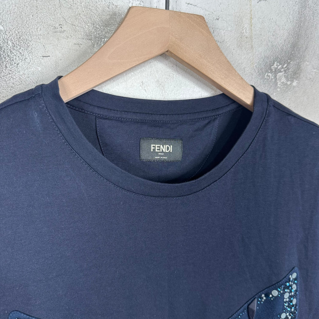 Fendi Navy Rhinestoned Monster T-Shirt