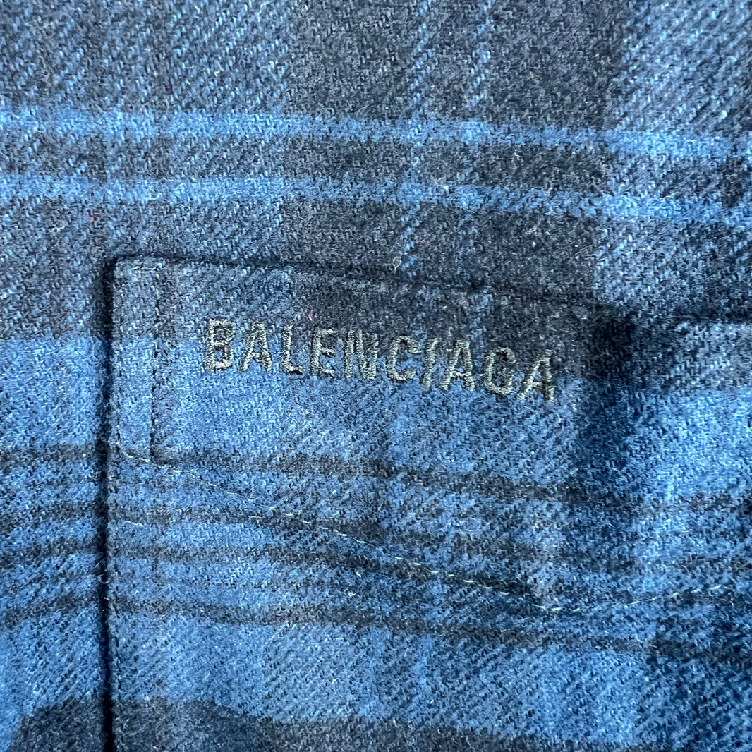 Balenciaga Navy Hooded Plaid Flannel Jacket