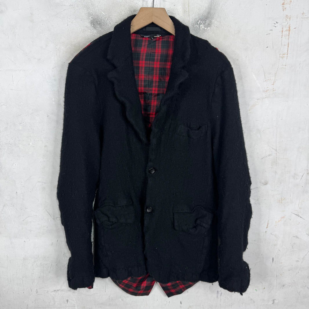 CDG Black Boiled Wool Sheer Tartan Jacket