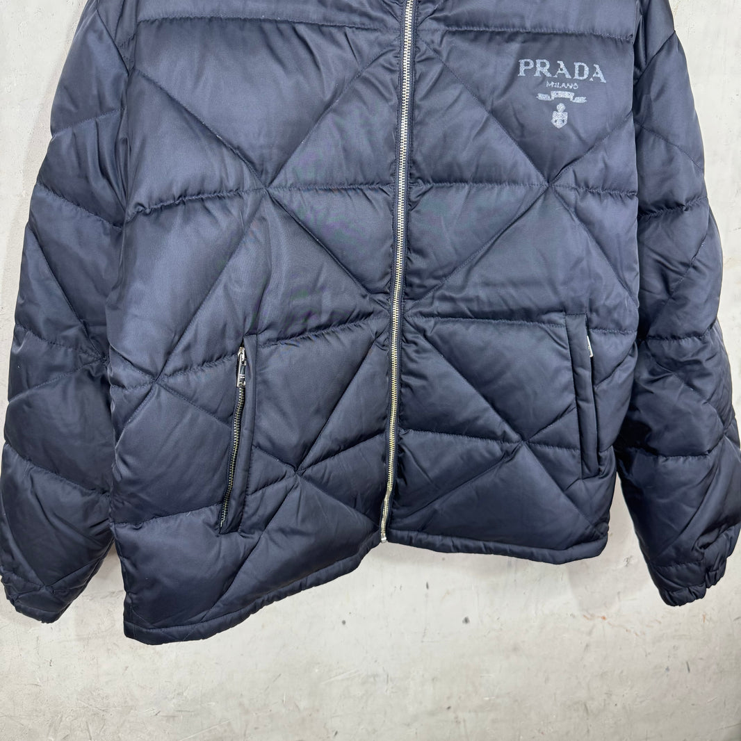Prada Quilted Distressed Logo Puffer Jacket