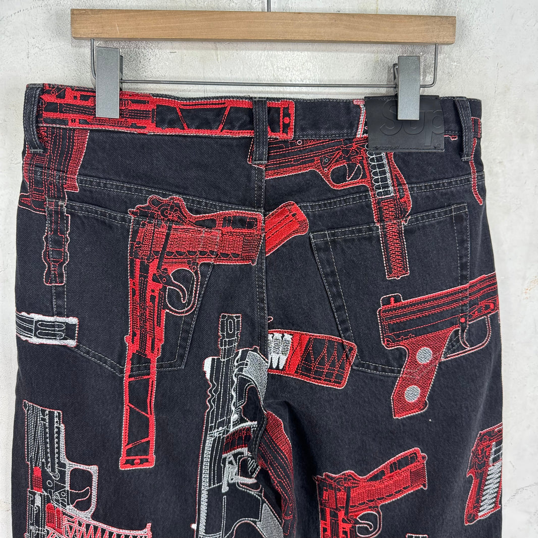 Supreme Black Embroidered Gun Jeans