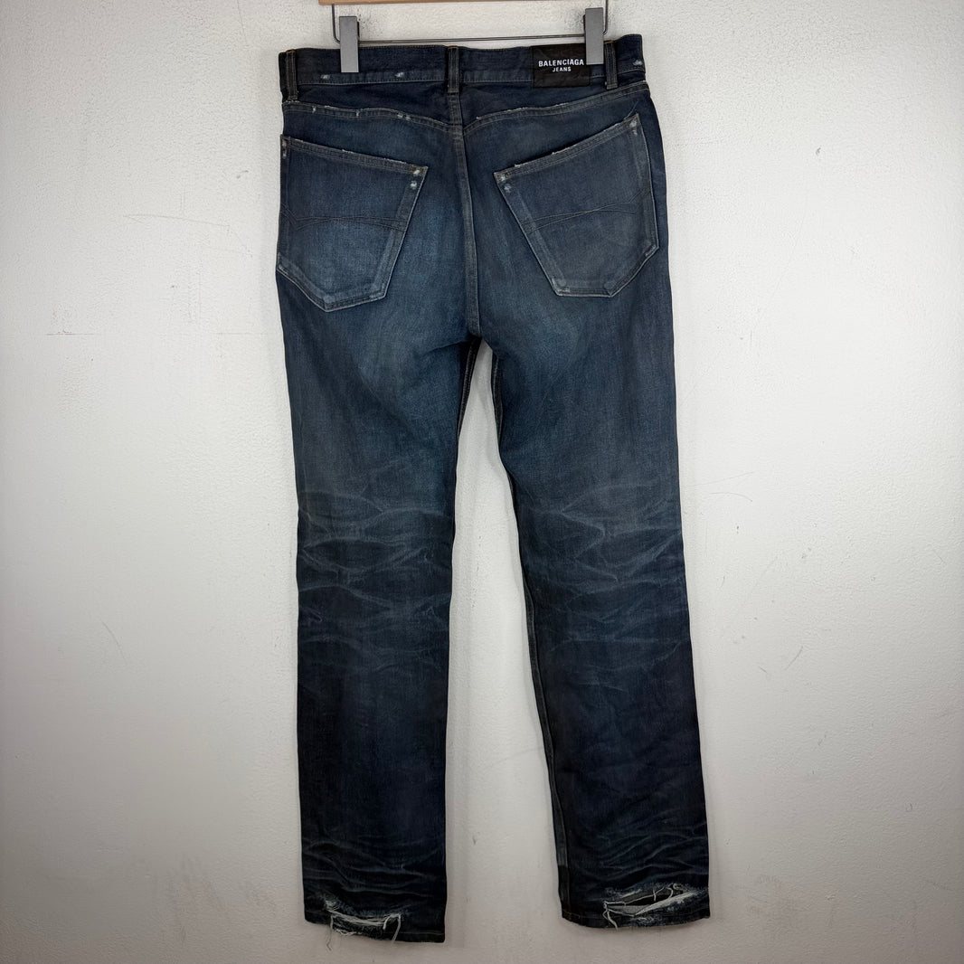 Balenciaga Coated Distressed Dark Wash Straight Leg Jeans