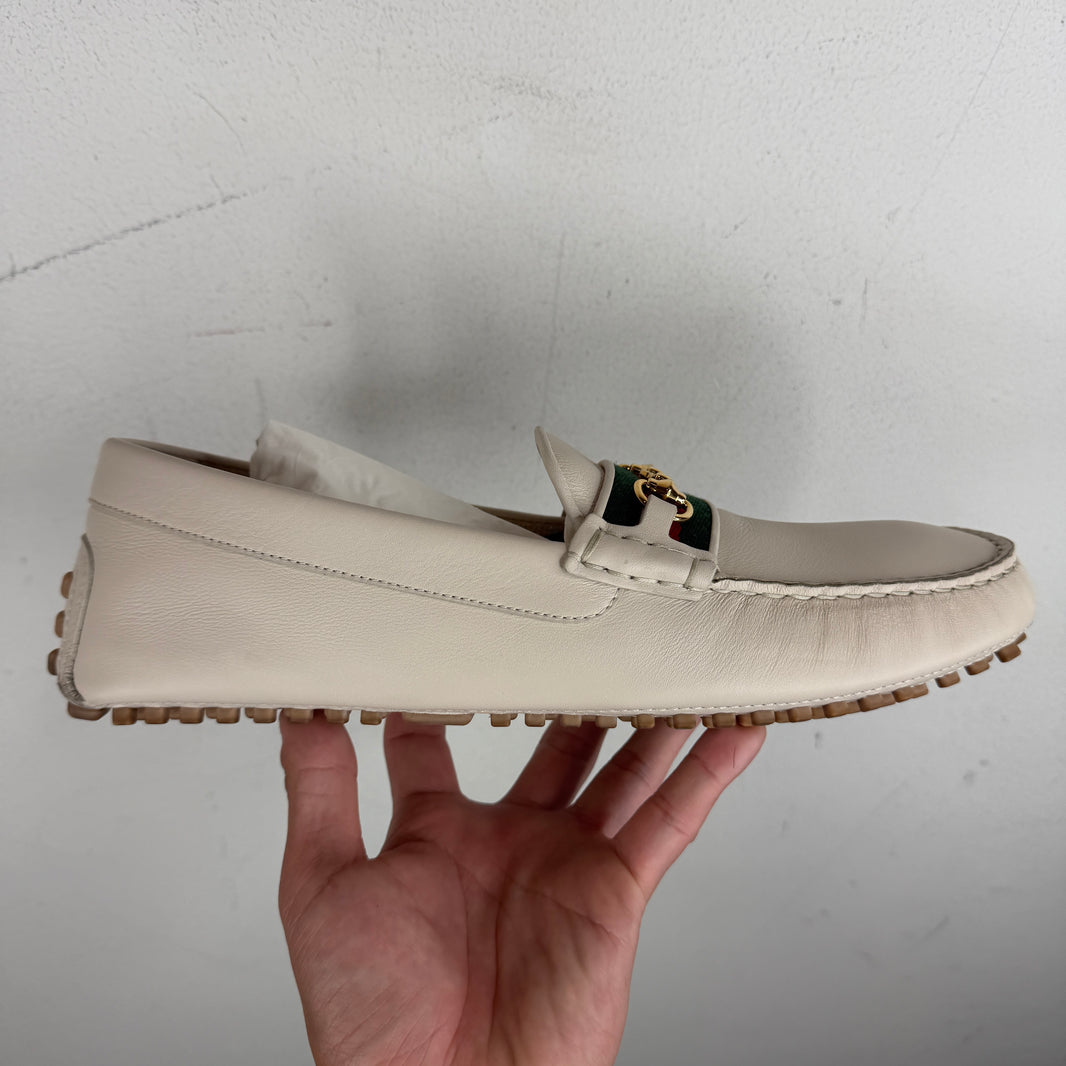 Gucci Cream Web Strap Horsebit Driving Loafer