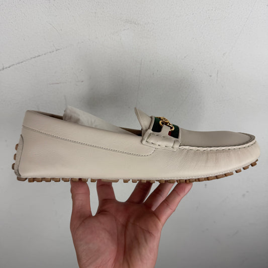 Gucci Cream Web Strap Horsebit Driving Loafer
