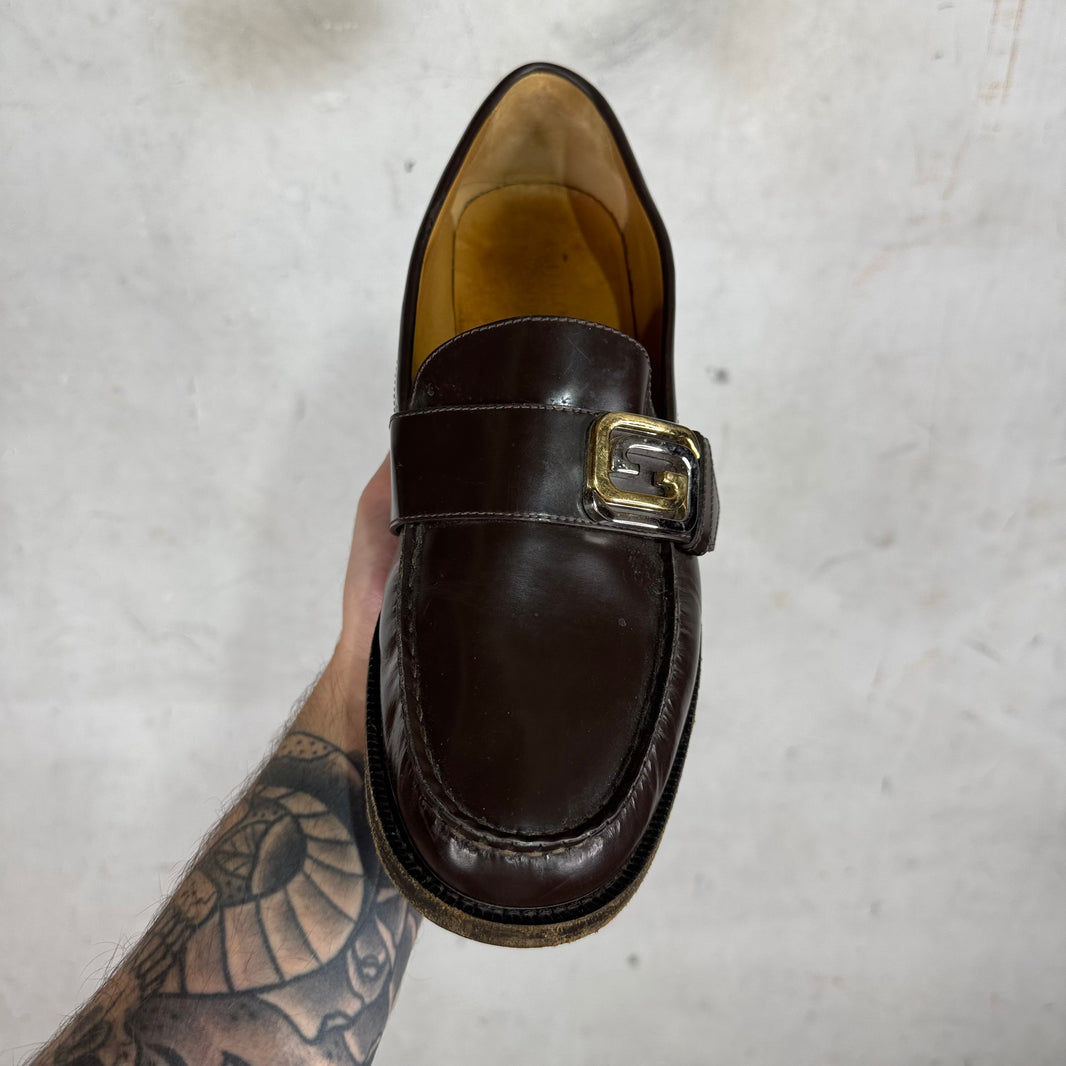 Gucci Two Tone G Buckle Brown Loafers