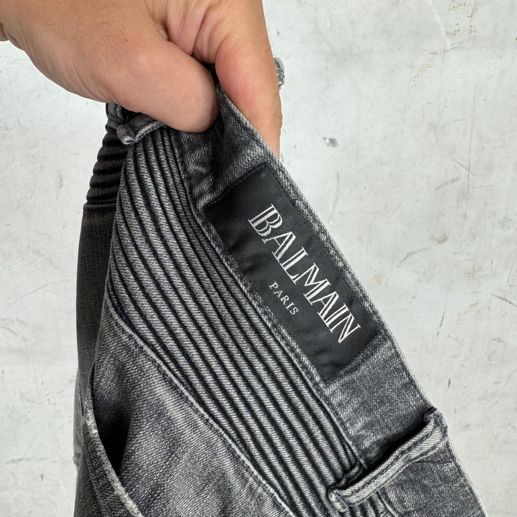 Balmain Charcoal Repaired Biker Jeans