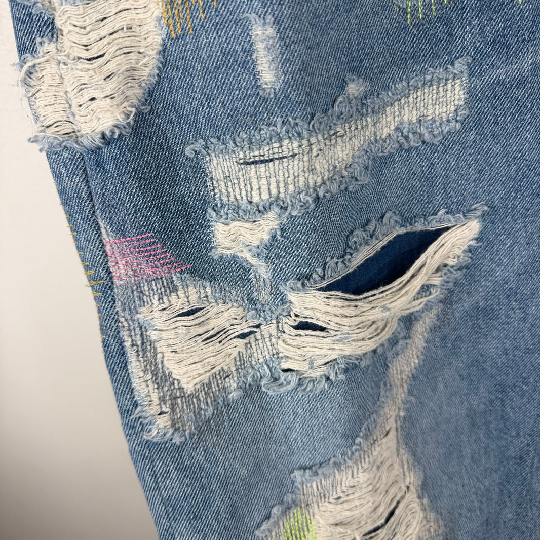 Endless Denim Blue Embroidered Distressed Jeans