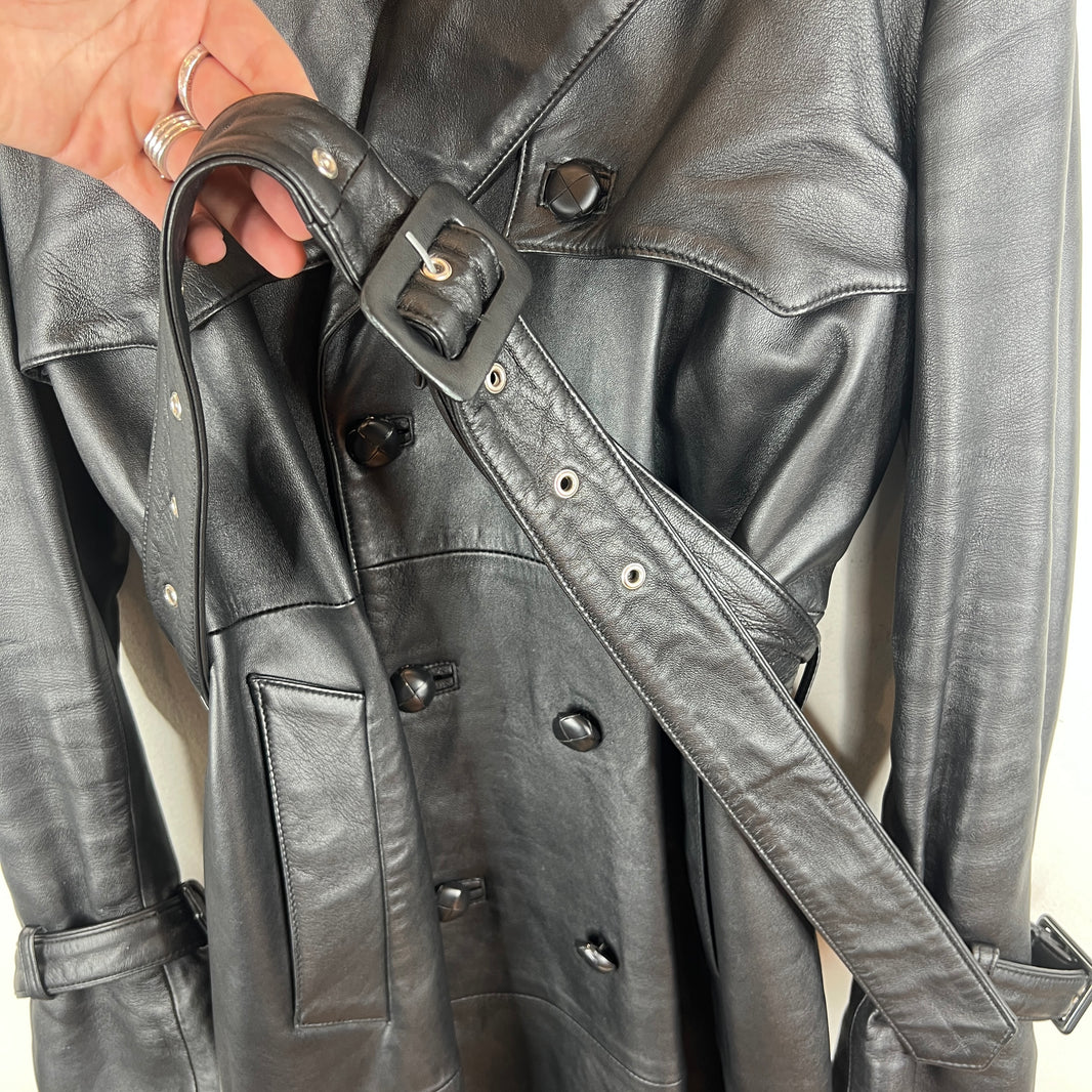 Ernest W. Baker Double Breasted Black Leather Trench Coat