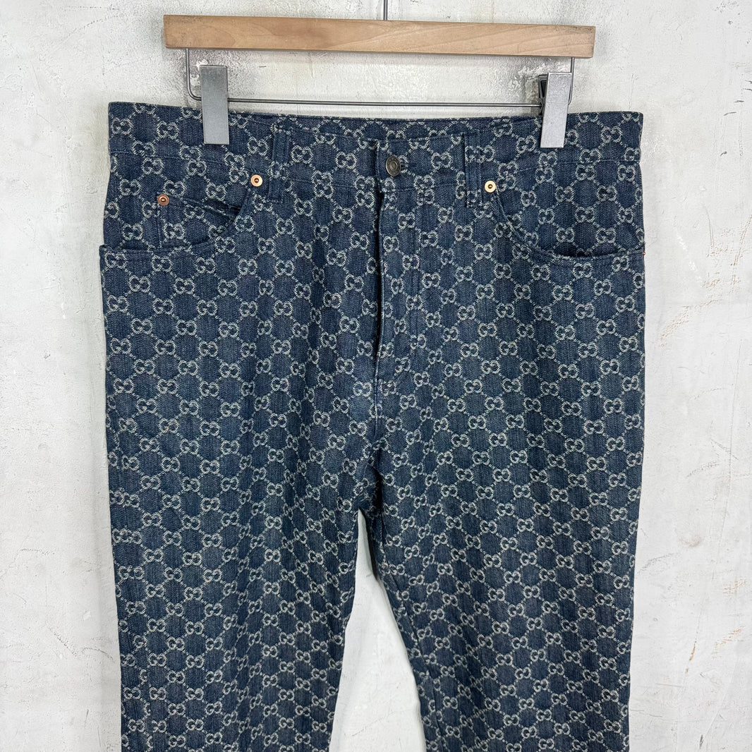 Gucci Denim Monogram Leather Trimmed Jeans