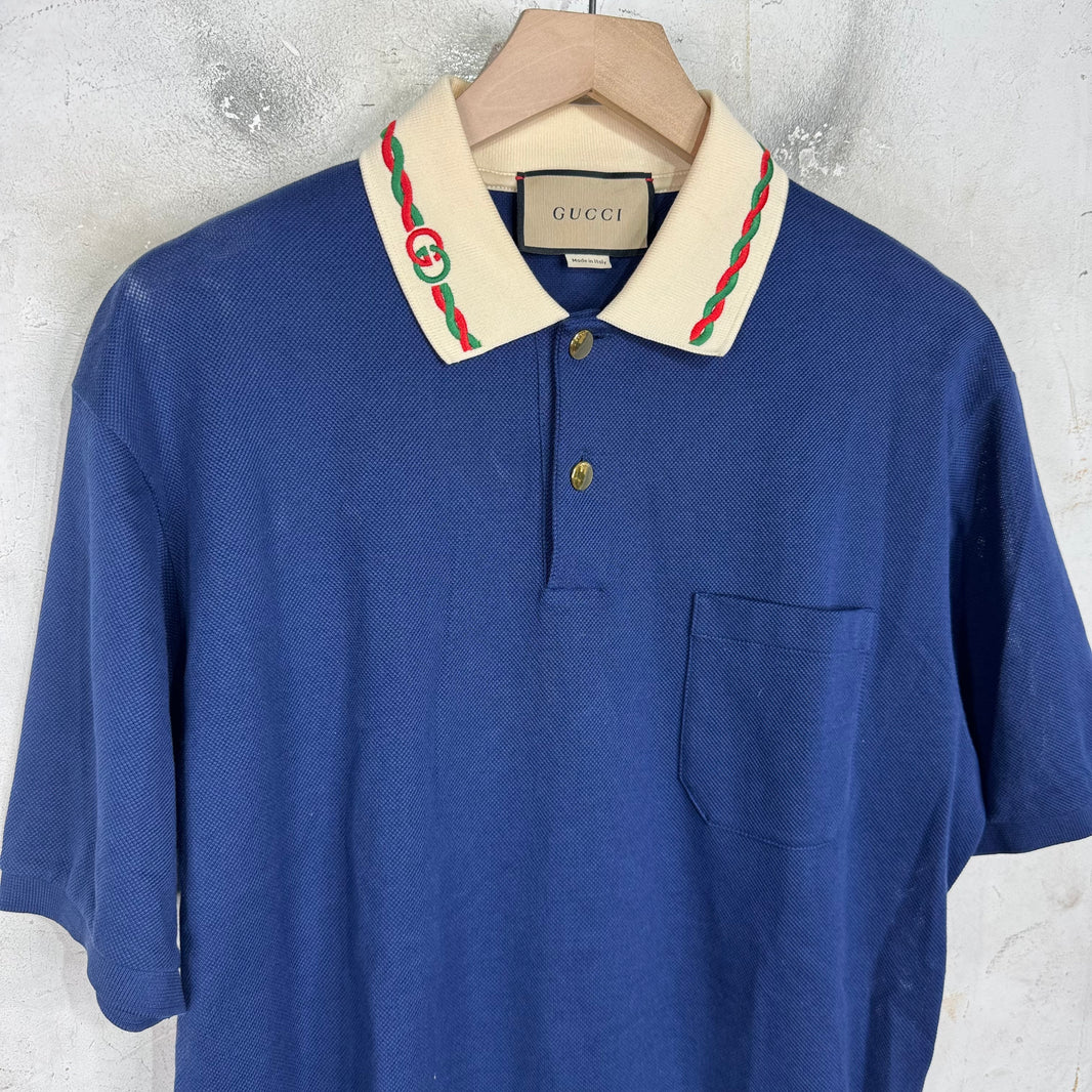 Gucci Navy Embroidered Collar Polo