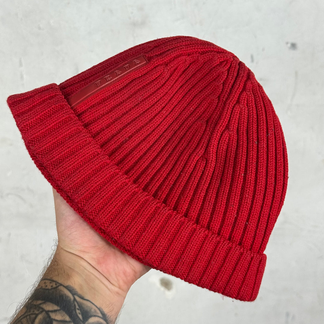 Prada Red Bar Ribbed Beanie