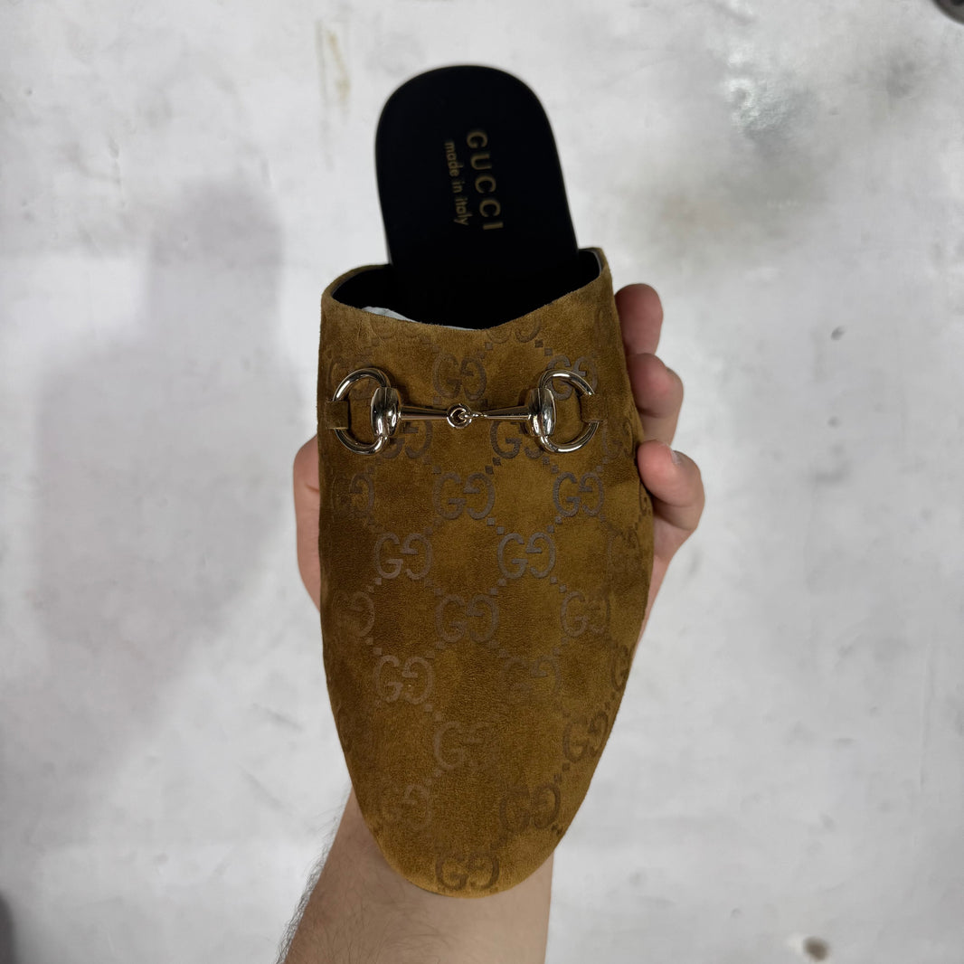 Gucci Suede Monogram Cachemire Horsebit Mules