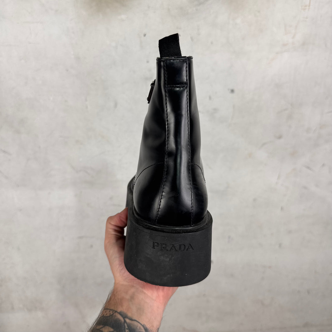 Prada Leather Plaque Lug Boots