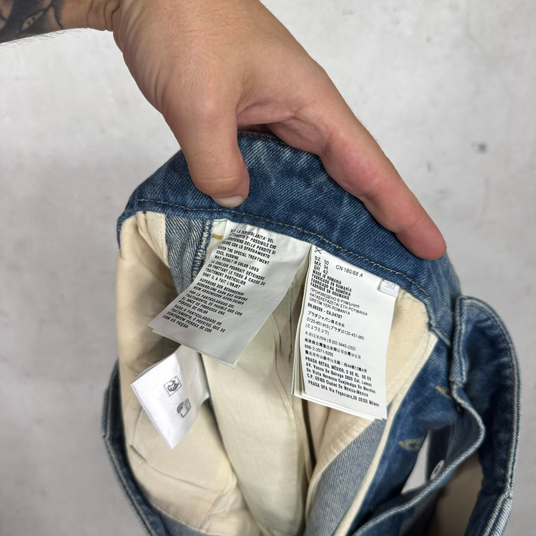 Prada Medium Wash Plaqued Denim Shorts
