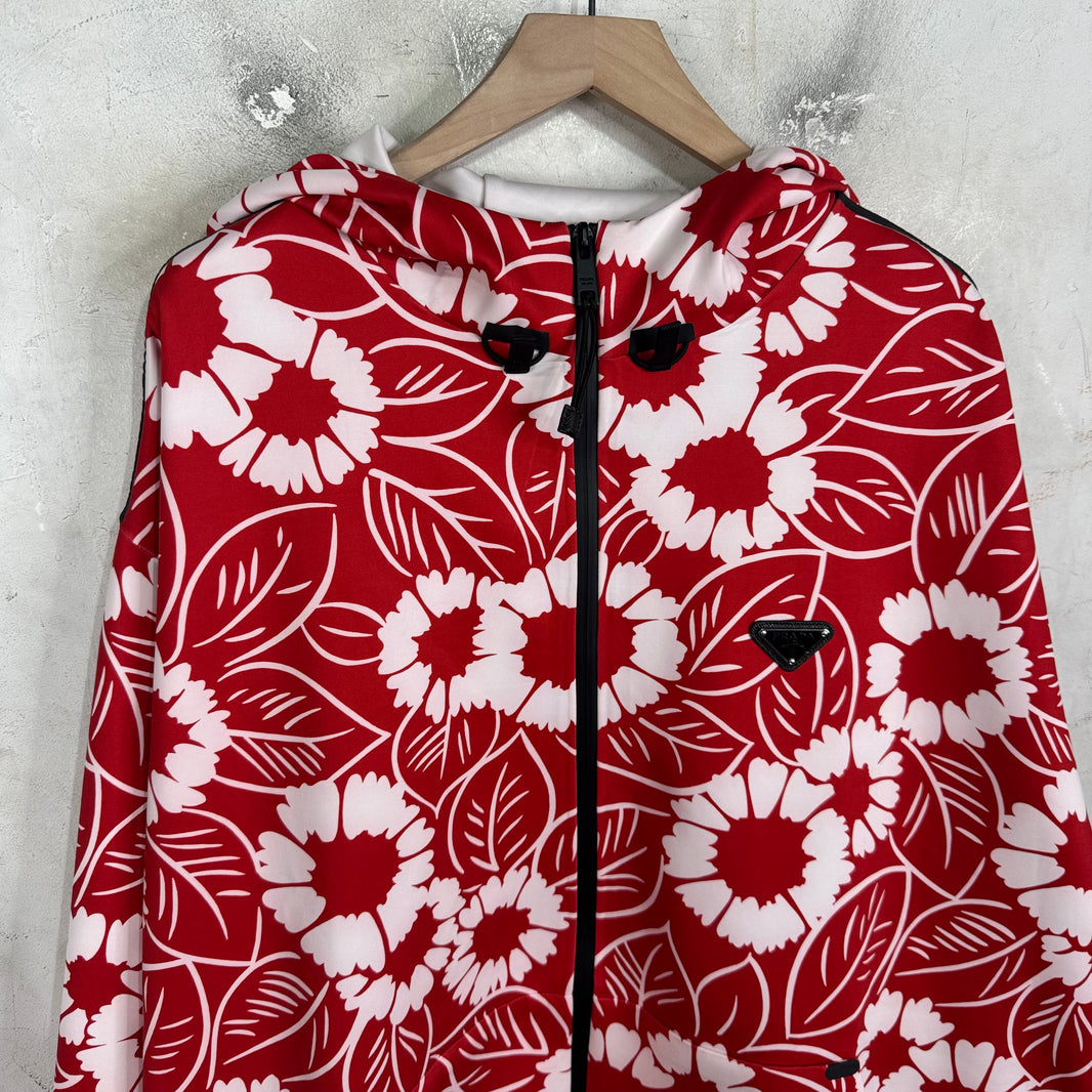 Prada Red Floral Plaqued Hooded Track Jacket