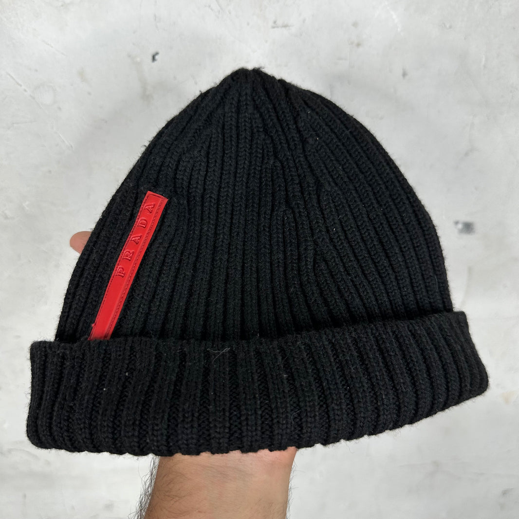 Prada Linea Black Ribbed Beanie