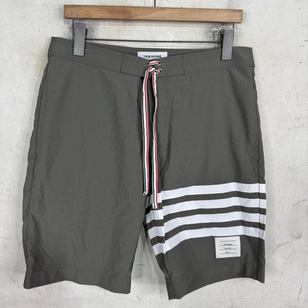 Thom Browne Grey Leg Striped Swim Trunks