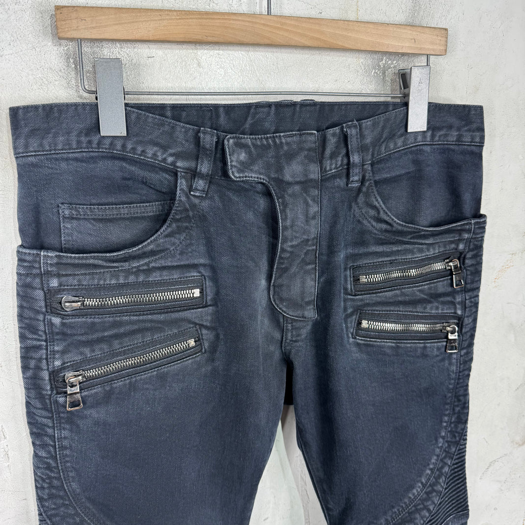 Balmain Washed Black Double Zip Biker Jeans