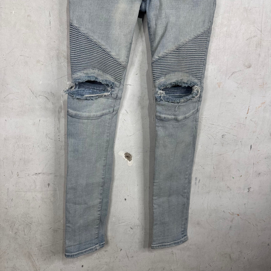 Balmain Light Wash Distressed Biker Jeans