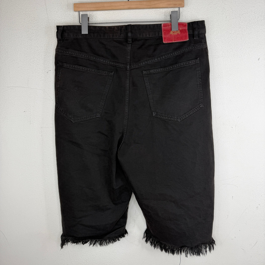 424 Black Denim Frayed Long Shorts
