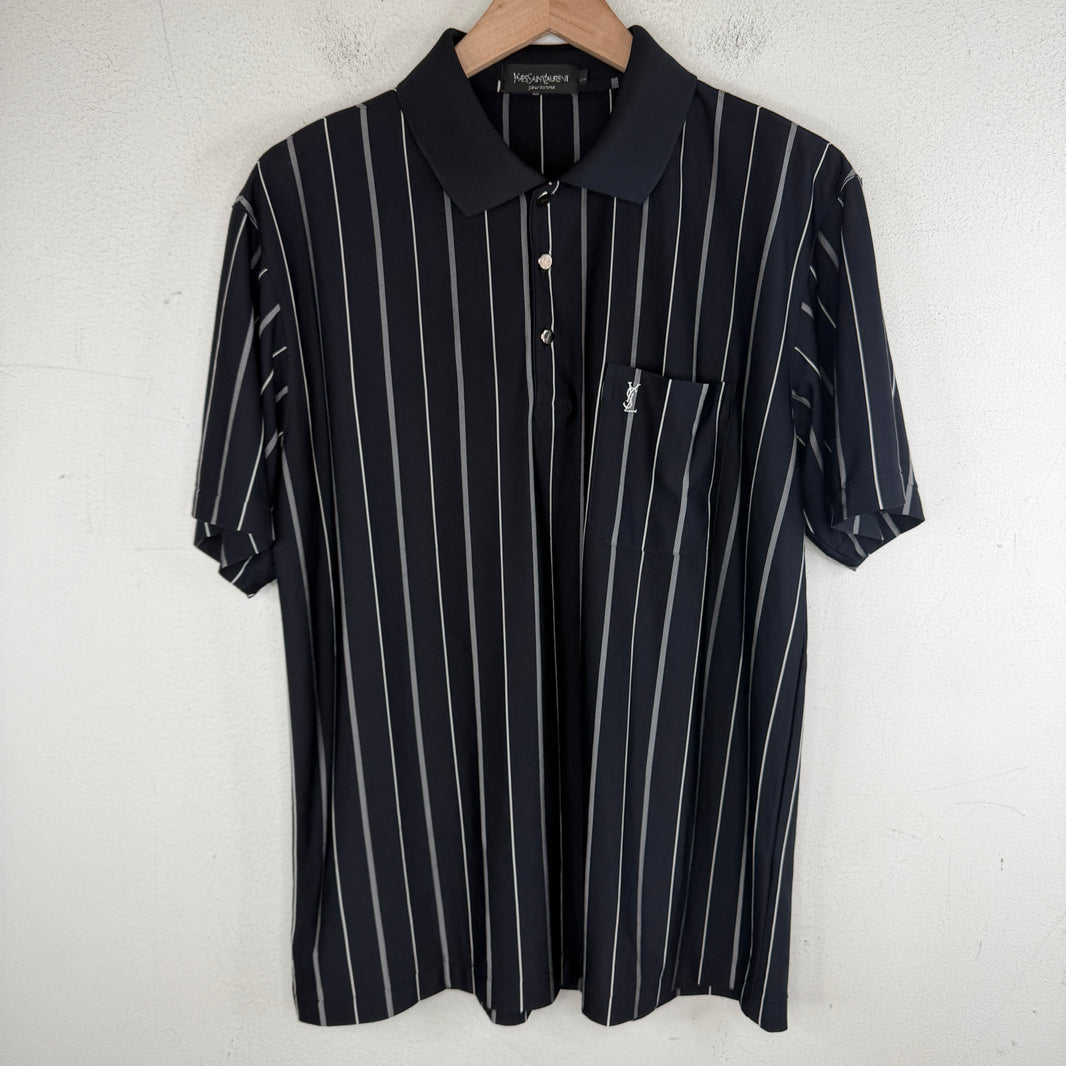 YSL Vintage Navy Silk Metal Button Polo T-Shirt