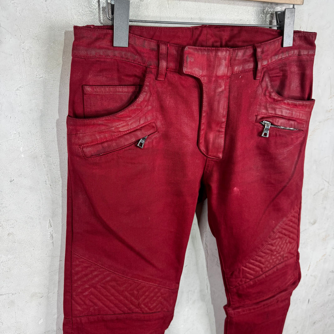 Balmain Red Waxed Biker Jeans